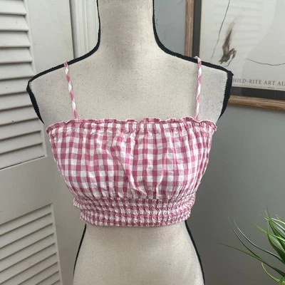 AMERICAN EAGLE Womens Top XS Red Gingham Plaid Cropped Smocked Summer Coquette - Image 1 of 4