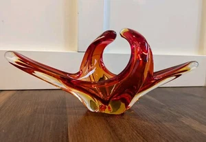 Vintage Murano Art Glass Red Orange Elongated Bowl Vase Large Centerpiece Swung - Picture 1 of 18