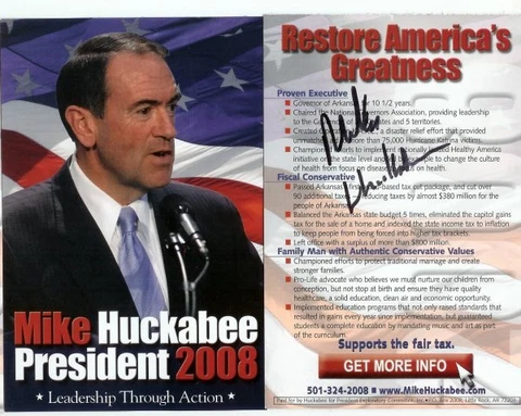 Mike Huckabee 2008 Signed Auto Autographed Palm Card Cover