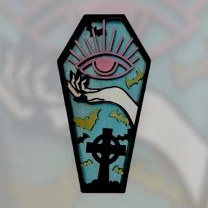 Witch Hand Coffin Halloween Sign - Eye with Gravestone - Picture 1 of 5