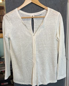 Women Sandro Paris Beige Ivory Linen Silk Long Sleeve V neck Keyhole Top SZ 2 - Picture 1 of 5