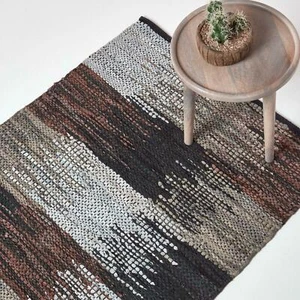 Black, Grey & Brown Handwoven Cutshuttle Design Eco Friendly Real Leather Rug - Picture 1 of 20