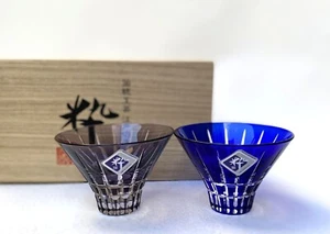 Edo Kiriko Glass Sake Cup Guinomi Ochoko Purple Blue Set of 2 Tokyo Japan - Picture 1 of 5