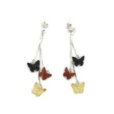 NATURAL BALTIC AMBER  EARRINGS BUTTERFLY SHAPE THREE THREADS SILVER 925