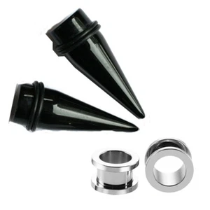 Pair Black Tapers and Steel Screw On Tunnels Plugs gauges Ear Stretching Kit - Picture 1 of 1