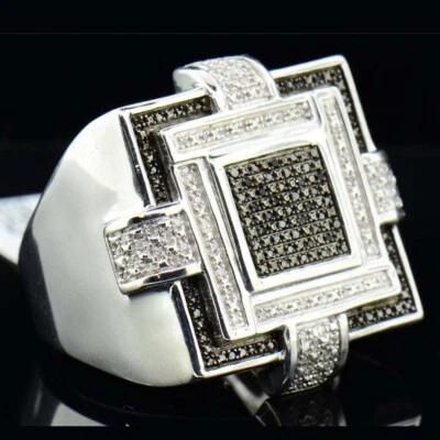 Anillo para hombre meñique banda cuadrada enchapado en oro blanco de 14 quilates diamante blanco y negro de 0,30 quilates Foto 1 de 4