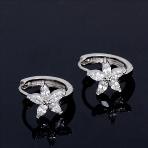 Stunning New 18k White Gold Plated Cubic Zirconia Flower Huggie Hoop Earrings  - Picture 1 of 6