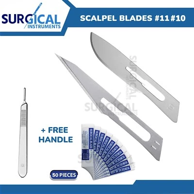 50 STERILE SURGICAL BLADES #10 #11 WITH FREE SCALPEL/BP HANDLE #3 Hi-Quality - Image 1 of 4