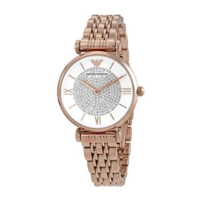 EMPORIO ARMANI Gianni T-Bar Crystals 32mm Rose Gold White Womens Watch AR11244 - Image 1 of 4
