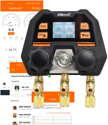ELITECH R134A R32 R1234YF LMG-10 LM-120+ Klimaanlage Manometer Klimaservicegerät Monteurhilfe 140 Kältemittel Bluetooth A