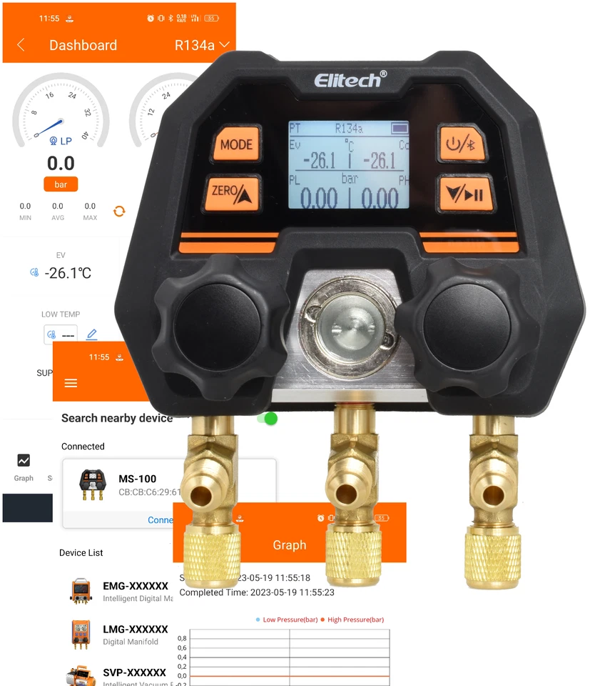 ELITECH R134A R32 R1234YF LMG-10 LM-120+ Klimaanlage Manometer Klimaservicegerät Monteurhilfe 140 Kältemittel Bluetooth A