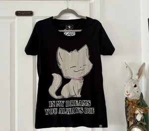 Cupcake Cult - Cat ‘In My Dreams You Always Die’ - Stretchy T-shirt - Size L - Picture 1 of 3