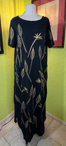 M. Mac Dress XL Black Maxi Short Sleeve Leaf Print Pockets Style Art to Wear - Picture 1 of 5