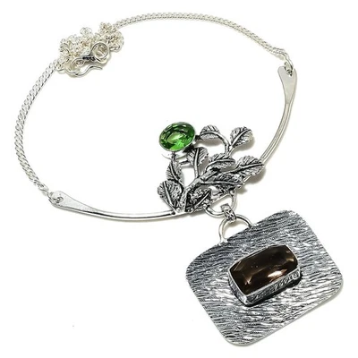 Smoky Topaz, Peridot Gemstone Handmade 925 Sterling Silver Jewelry Necklace 18" - Image 1 of 4