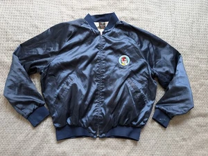 Vintage Aristo Jac Hilton Jacket Men Large Blue Satin Bomber Bowie Patch USA 80s - Picture 1 of 14