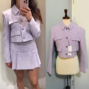Zara Bloggers Fav Lilac White Textured Cropped Blazer with Shoulder Pads Size L - Picture 1 of 15