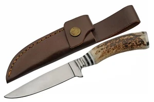 9.5" German Stag Hunter Knife With Leather Sheath Stainless Steel Blade - Picture 1 of 5