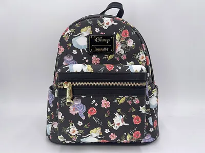 AOP Disney With Tags Alice In Wonderland Char Floral Loungefly Mini Backpack • 66.99€