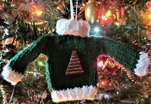 Knitted Christmas Sweater Ornament with a Seed Beaded Christmas Tree Handmade - Picture 1 of 3