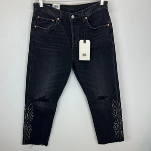 Levi’s original 501 cropped nwt black jeans raw hem distressed studded high rise - Picture 1 of 10