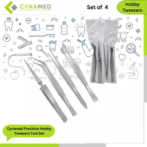 Cynamed Precision Hobby Tweezers Tool Set Long Tweezers Kit Curved Tweezers 4pcs - Picture 1 of 8