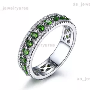 Solid 10K White Gold Natural Diamonds & Chrome Diopside Band Wedding Fine Ring - Picture 1 of 8