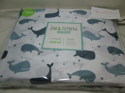  NEW Jak & Jemma Home 3 Piece Twin Sheet Set  WHALE ~ Gray Grey/Dark Navy NIP - Image 1 of 4