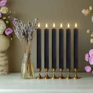 12PK 10" LED Fluted Ribbed Black Pillar Candles w/ Remote & 24h Timer Memory - Picture 1 of 10