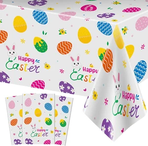 3 Pcs Easter Tablecloth-Happy Easter Bunny Table Cover, Disposable Plastic Recta - Picture 1 of 12