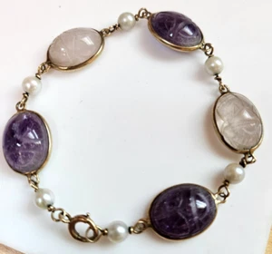 14K Yellow Gold Scarab Bracelet & Pearls 7.5" - Picture 1 of 2