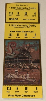 Kentucky Derby Clubhouse Boleto Completo Talón Lil E Camiseta Pat Día Ganar Carrera de Caballos 1992 Foto 1 de 2
