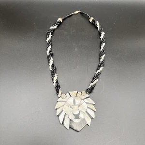 Lee Sands Lion Head Costume Statement Necklace/1970s/Shell Inlay/Black White/20" - Picture 1 of 8