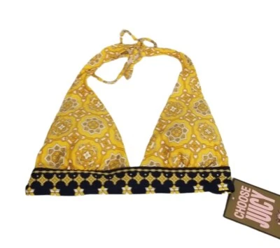 Top de biquíni Juicy Couture Beausoleil amarelo e azul marinho triângulo halter tamanho M novo com etiquetas - Imagem 1 de 4