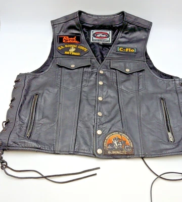 复古 River Road 黑色皮革机车背心 系带 USMC/非洲 AM 贴布-2XL-阅读 — 第 1/4 张图片