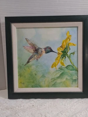 Оригинальная акварель колибри и подсолнух картина подпись Motta в рамке 12,5"  - Изображение 1 из 4