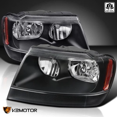 Black Fits 1999-2004 Jeep Grand Cherokee Headlights Lamps Left+Right Replacement - Image 1 of 4