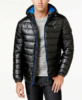 Cole Haan Mens Jacket L Quilted Faux Leather Hooded Puffer Insulated Black $265 - Image 1 of 4