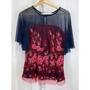 EVA FRANCO Gr. S Anthropologie Tara besticktes Top Mesh Kurzarm blau pink - Bild 1 von 10