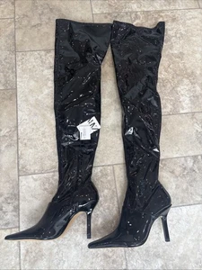ZARA Shiny Black Patent PVC THIGH HIGH Pointy Boots UK 6 RRP £89 - Picture 1 of 13