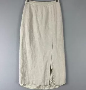 Maggy London Linen Midi Skirt Womens 8 Ivory Slit Minimal Neutral Eco FLAW - Picture 1 of 13