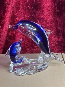Vintage Murano Art Glass Blue & Clear Dolphin Sculpture Figurine 16cm High - Picture 1 of 12