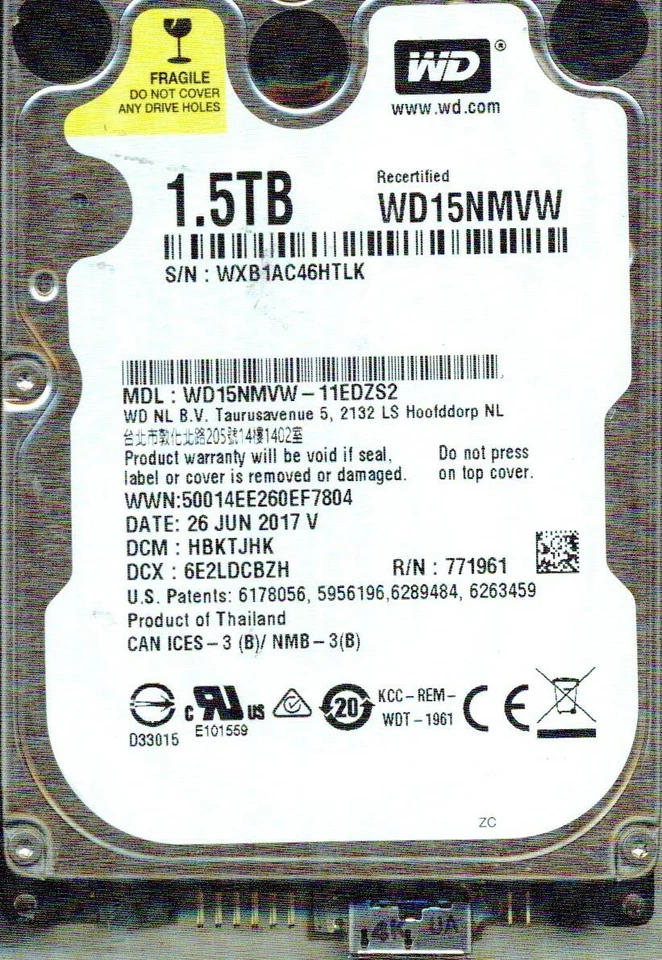 WD15NMVW-11EDZS2,  DCM: HBKTJHK  WESTERN DIGITAL 1.5TB, USB 3.0  WXB1  JUN 2017  - Image 1 of 1