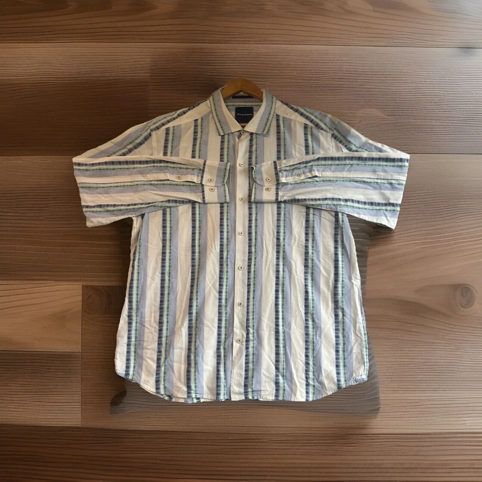 Рубашка мужская Tommy Bahama размер XL синяя полоса шелковая смесь остров опрятный пляж тропическая - Изображение 1 из 4