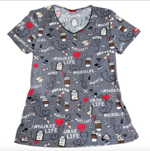 Dickies Size XS Scrub Top Shirt Gray Nurse Life Health Wellness Print  - Picture 1 of 6