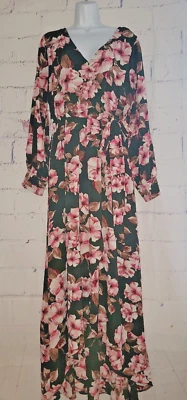 Jodifl Floral Long Faux Wrap Style Dress size Large Long Sleeve Tie Belt V-neck — 第 1/4 张图片