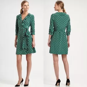 Kate Spade 100% Silk Polka Dot Wrap Dress Green White Size 2 Ruffle Daniella - Picture 1 of 14