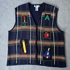 Vtg Y2K Applique Sweater Vest Embroidered Button Up Teacher Back To School  2X