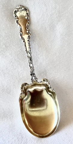 Antique Whiting LOUIS XV Sterling Gold Wash Preserve Spoon c.1891 Monogram "S" Cover