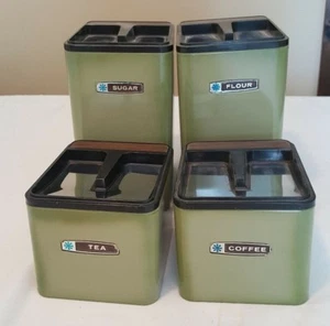 Retro Masterware Avocado Green Metal Canister Set Flour Sugar Coffee Tea w/ Lids - Picture 1 of 9