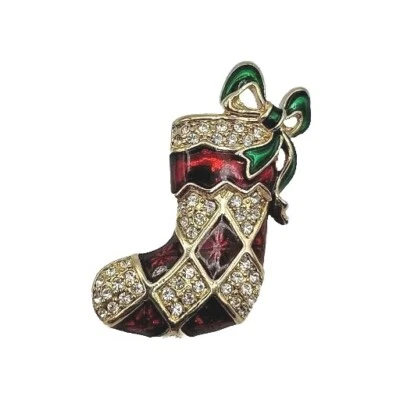 Monet Red Enamel Clear Rhinestones Gold Tone Christmas Stocking Vintage Brooch  - Image 1 of 4